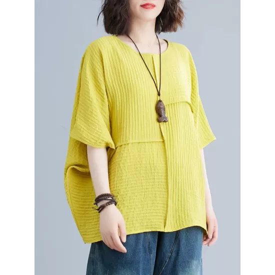 Solid Color Split-Joint Batwing Sleeves Loose Round-neck T-Shirts Tops