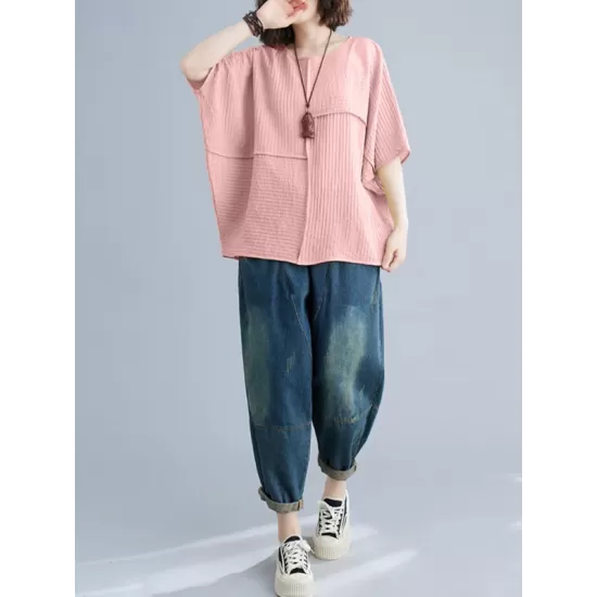 Solid Color Split-Joint Batwing Sleeves Loose Round-neck T-Shirts Tops