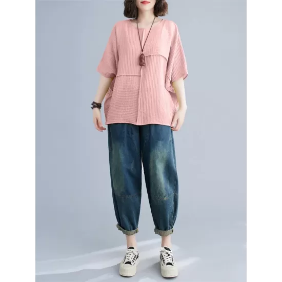 Solid Color Split-Joint Batwing Sleeves Loose Round-neck T-Shirts Tops