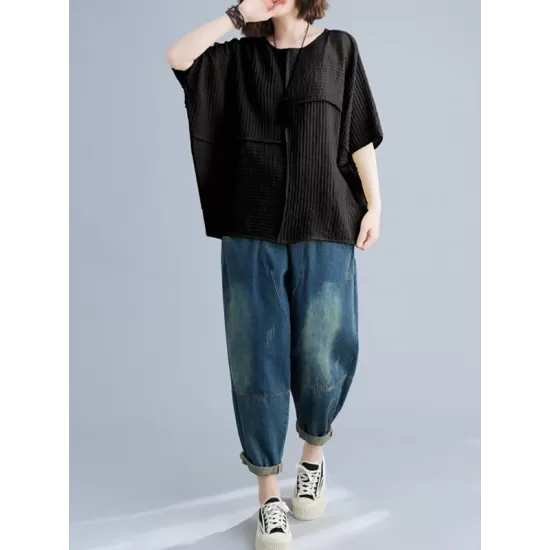 Solid Color Split-Joint Batwing Sleeves Loose Round-neck T-Shirts Tops