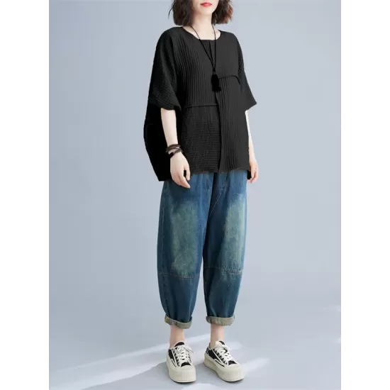 Solid Color Split-Joint Batwing Sleeves Loose Round-neck T-Shirts Tops