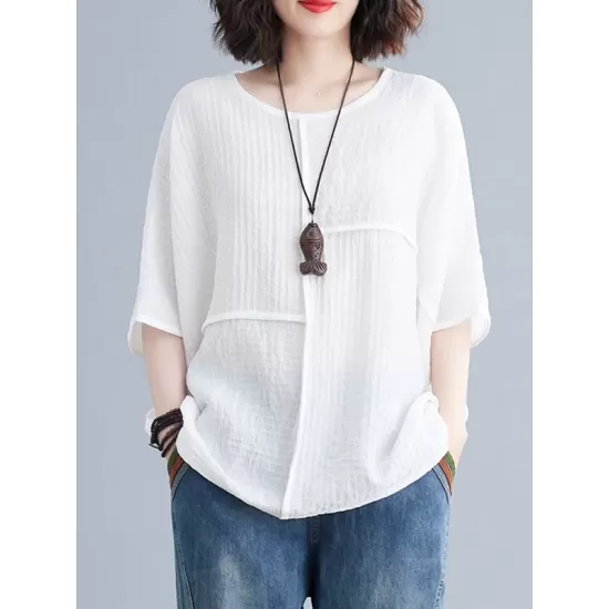 Solid Color Split-Joint Batwing Sleeves Loose Round-neck T-Shirts Tops