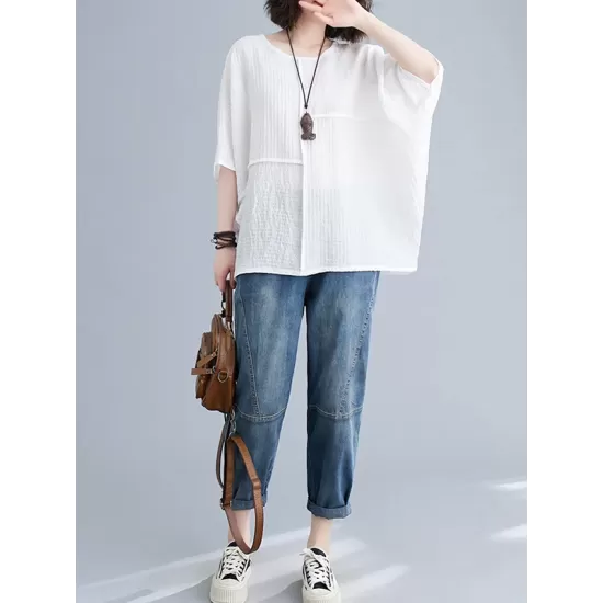 Solid Color Split-Joint Batwing Sleeves Loose Round-neck T-Shirts Tops