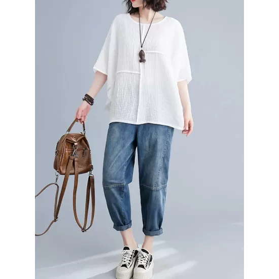 Solid Color Split-Joint Batwing Sleeves Loose Round-neck T-Shirts Tops