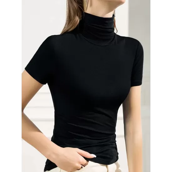 Casual Skinny Short Sleeves Solid Color High-Neck T-Shirts Tops