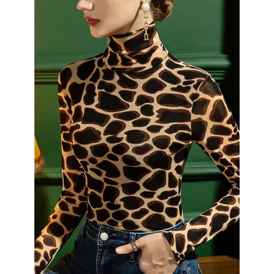 Leopard Long Sleeves Skinny High-neck T-Shirts Tops