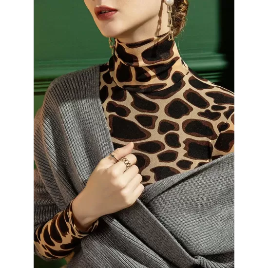 Leopard Long Sleeves Skinny High-neck T-Shirts Tops