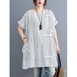 Striped Loose Short Sleeves Round-Neck T-Shirts