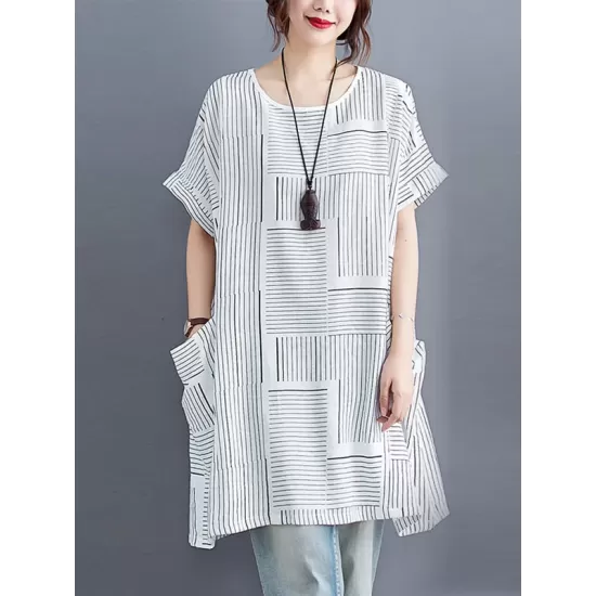 Striped Loose Short Sleeves Round-Neck T-Shirts