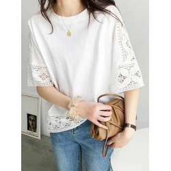 Hollow Solid Color Split-Joint Half Sleeves Loose Round-Neck T-Shirts