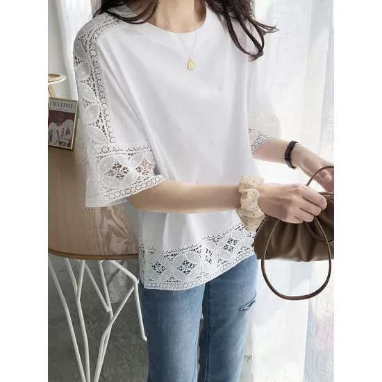 Hollow Solid Color Split-Joint Half Sleeves Loose Round-Neck T-Shirts