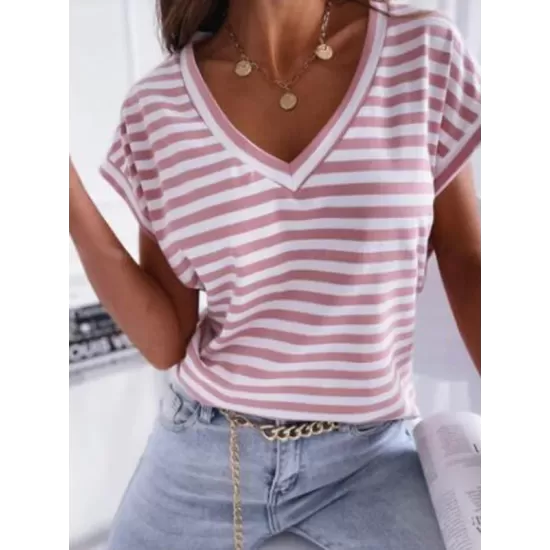 Casual Loose Striped V-Neck T-Shirts Tops