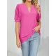 Hollow Solid Color Bishop Sleeve Loose V-neck T-Shirts Tops