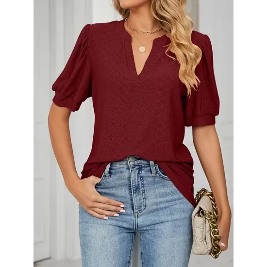 Hollow Solid Color Bishop Sleeve Loose V-neck T-Shirts Tops