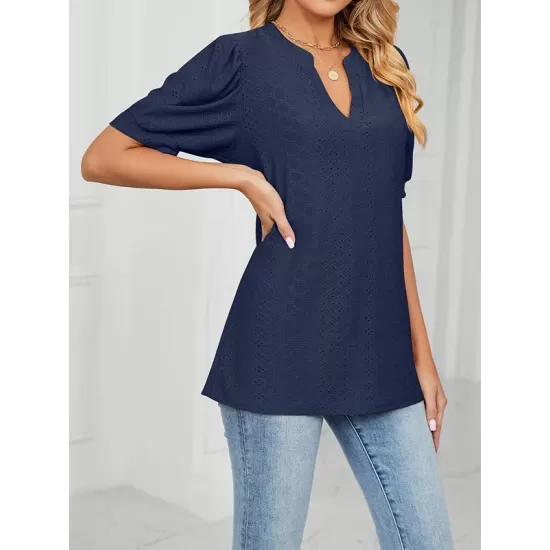 Hollow Solid Color Bishop Sleeve Loose V-neck T-Shirts Tops