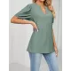 Hollow Solid Color Bishop Sleeve Loose V-neck T-Shirts Tops