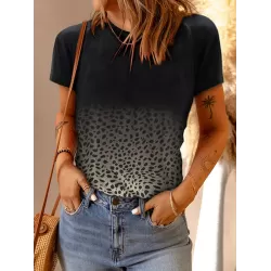 Gradient Leopard Printed Loose Short Sleeves Round-Neck T-Shirts