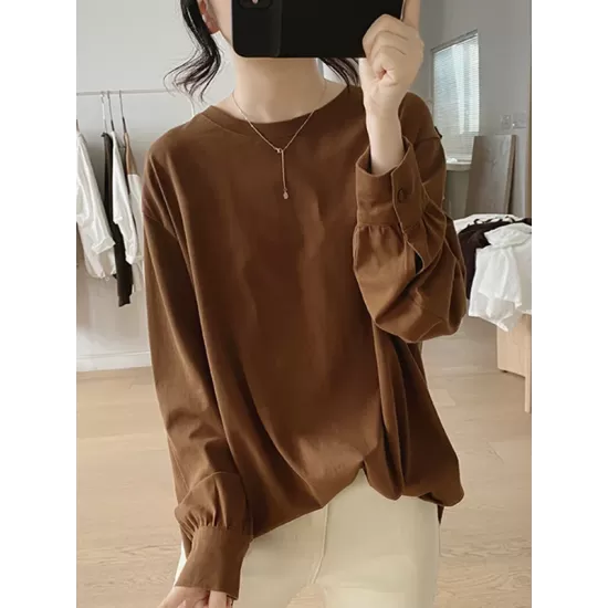 Solid Color Long Sleeves Loose Round-neck T-Shirts Tops