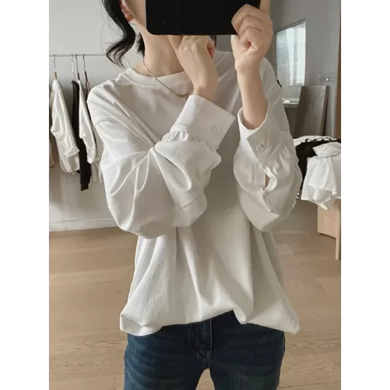 Solid Color Long Sleeves Loose Round-neck T-Shirts Tops