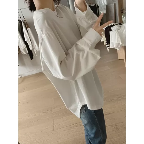 Solid Color Long Sleeves Loose Round-neck T-Shirts Tops