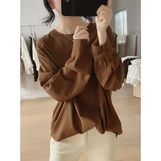 Solid Color Long Sleeves Loose Round-neck T-Shirts Tops