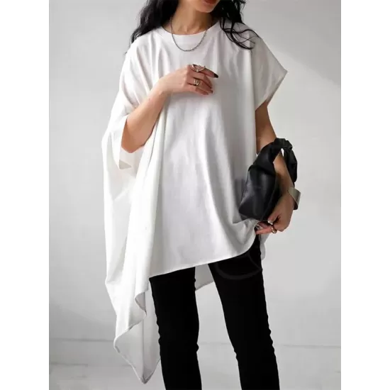 Solid Color Batwing Sleeves Half Sleeves Round-Neck T-Shirts Tops