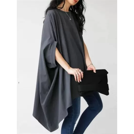 Solid Color Batwing Sleeves Half Sleeves Round-Neck T-Shirts Tops