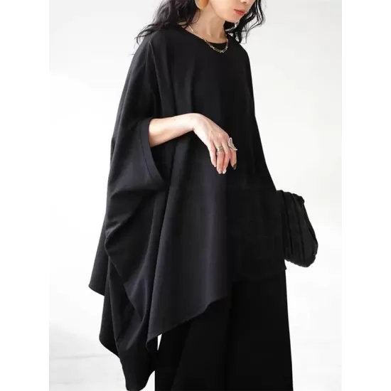 Solid Color Batwing Sleeves Half Sleeves Round-Neck T-Shirts Tops