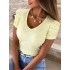 Solid Color Puff Sleeves Short Sleeves V-Neck T-Shirts