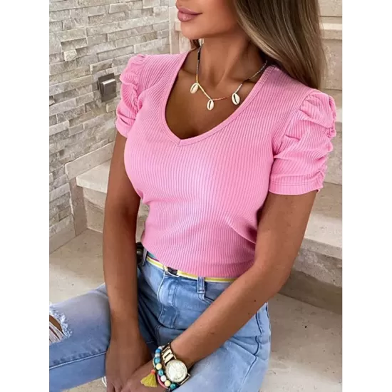 Solid Color Puff Sleeves Short Sleeves V-Neck T-Shirts