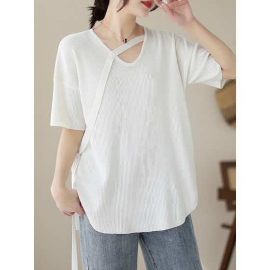 Solid Color Loose Short Sleeves V-neck T-shirts