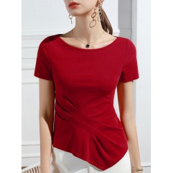 Pleated Solid Color Irregular clipping Short Sleeves Round-neck T-Shirts Tops