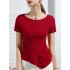 Pleated Solid Color Irregular clipping Short Sleeves Round-neck T-Shirts Tops