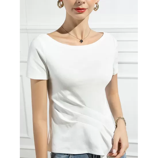 Pleated Solid Color Irregular clipping Short Sleeves Round-neck T-Shirts Tops