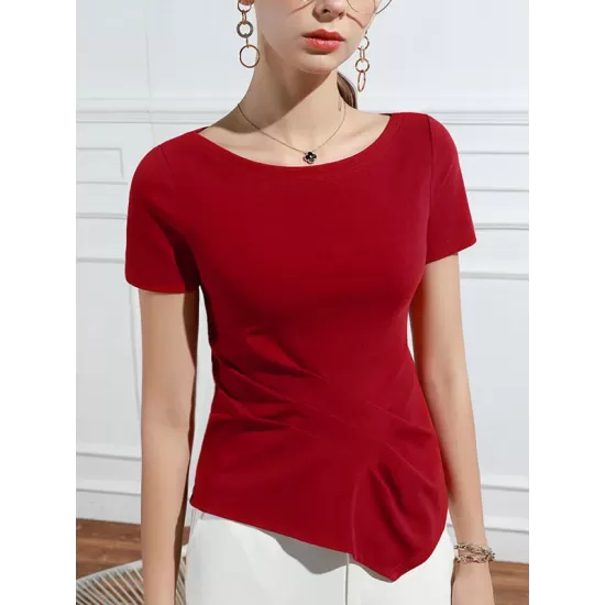 Pleated Solid Color Irregular clipping Short Sleeves Round-neck T-Shirts Tops