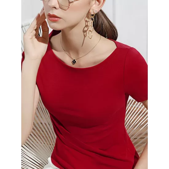 Pleated Solid Color Irregular clipping Short Sleeves Round-neck T-Shirts Tops