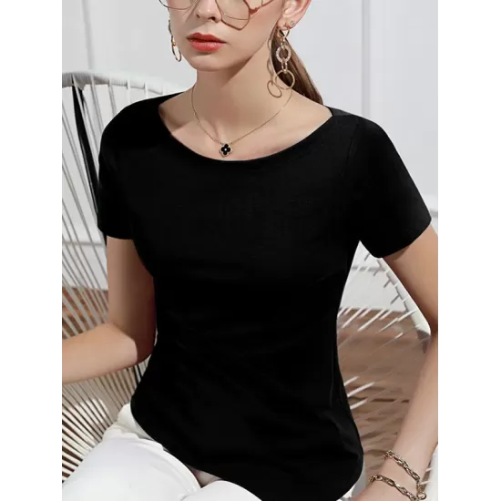 Pleated Solid Color Irregular clipping Short Sleeves Round-neck T-Shirts Tops