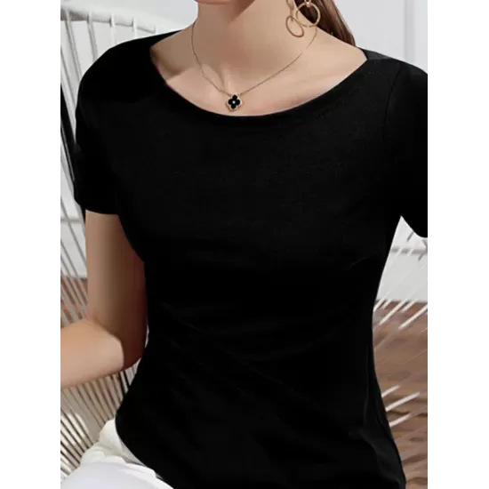 Pleated Solid Color Irregular clipping Short Sleeves Round-neck T-Shirts Tops