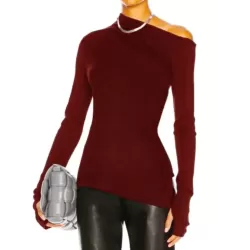 Stylish Solid Color One-Shoulder Long Sleeves T-Shirt Top