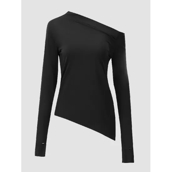 Stylish Solid Color One-Shoulder Long Sleeves T-Shirt Top