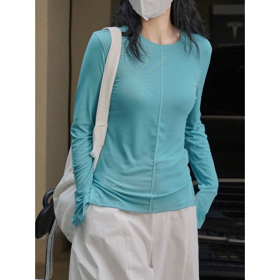 Solid Color Split-Joint Long Sleeves Skinny Round-neck T-shirts