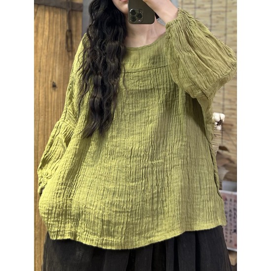 Pleated Solid Color Long Sleeves Loose Round-Neck T-Shirts