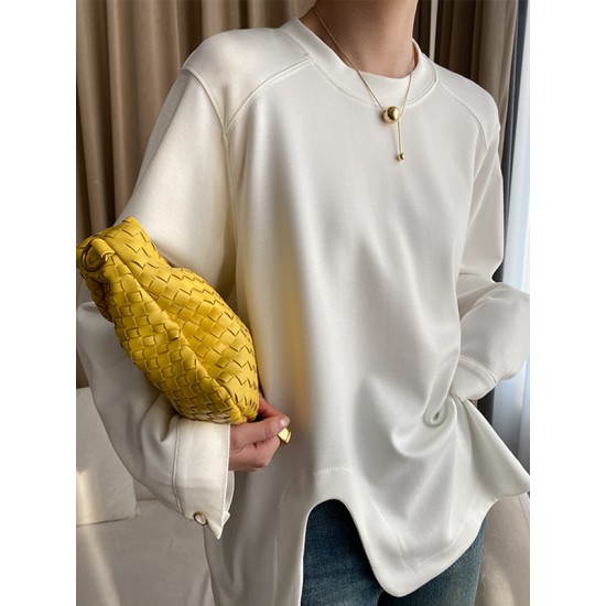 Cropped Loose Split-Side Solid Color Round-Neck T-Shirts Tops