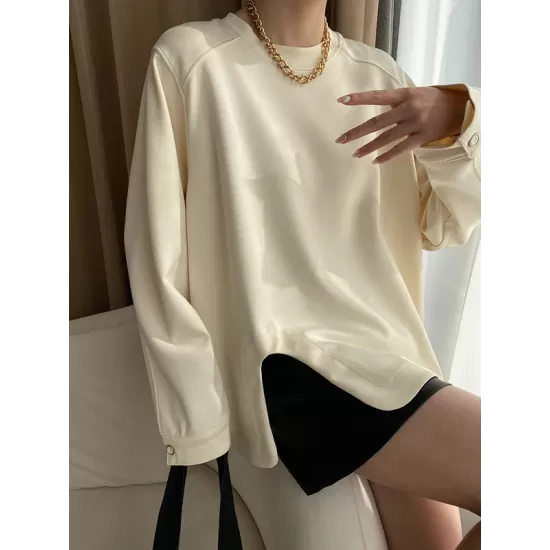 Cropped Loose Split-Side Solid Color Round-Neck T-Shirts Tops