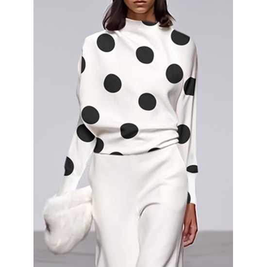 Long Sleeves Loose Polka Dot Stand Collar T-Shirts