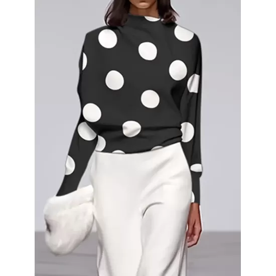 Long Sleeves Loose Polka Dot Stand Collar T-Shirts