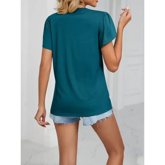 Applique Loose Short Sleeves V-Neck T-Shirts Tops