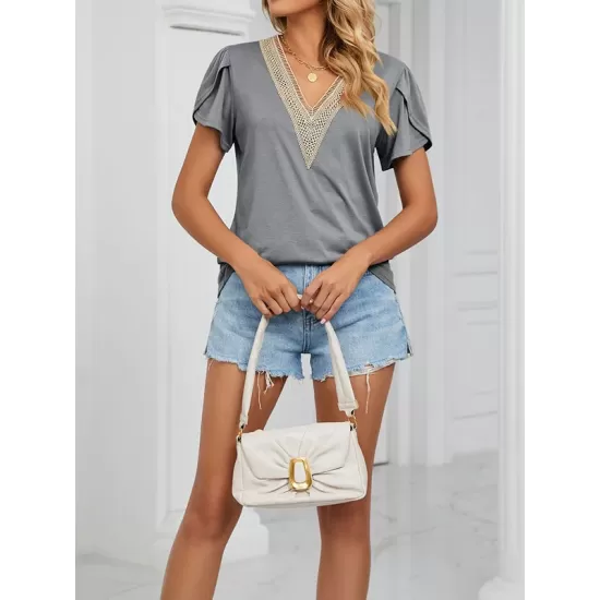 Applique Loose Short Sleeves V-Neck T-Shirts Tops