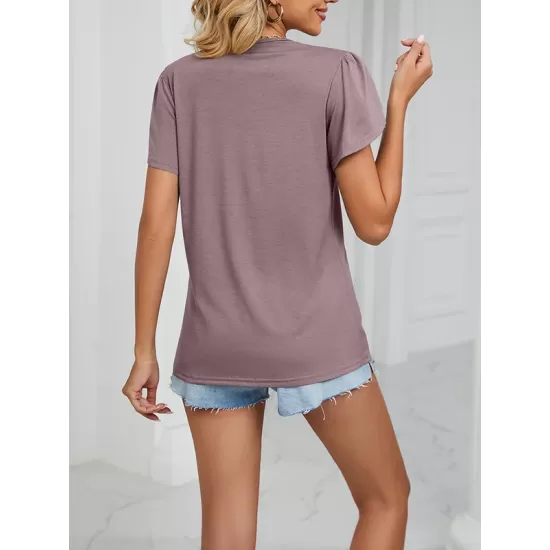 Applique Loose Short Sleeves V-Neck T-Shirts Tops