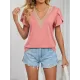 Applique Loose Short Sleeves V-Neck T-Shirts Tops